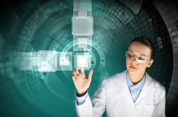 The image shows a data scientist interacting with a digital screen displaying data science.